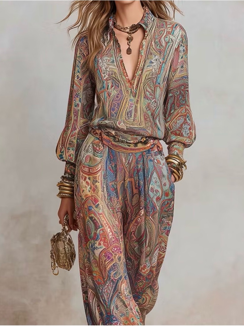 Paisley Print V-Neck Wide-Leg Flowy Pants Suit - Multicolor